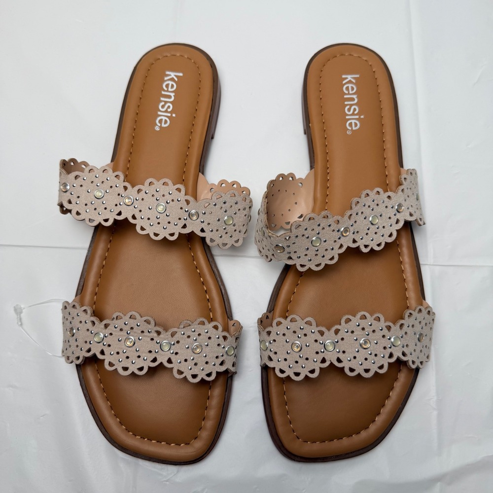 Kensie Reese Women Scalloped Rhinestone Slide Sandals Beige KS262490 Size 9.5M